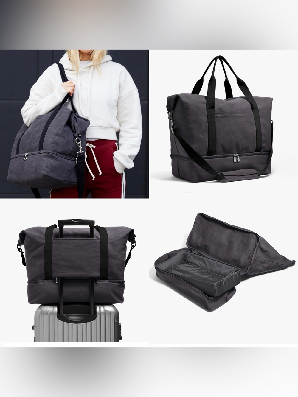 Charcoal Canvas Weekend Duffel Bag with Shoe Compartment